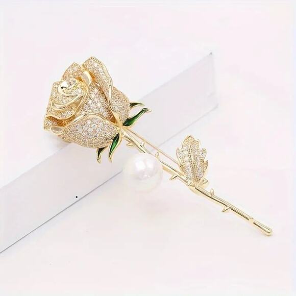 Brooch‎ Rhinestone Gold-Tone Rose with Green Leaves Luxury - Picture 5 of 8